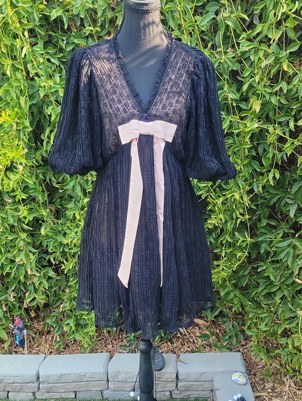 Black Lace Whimsigoth Babydoll Mini Dress with Pale Pink Bow Accent